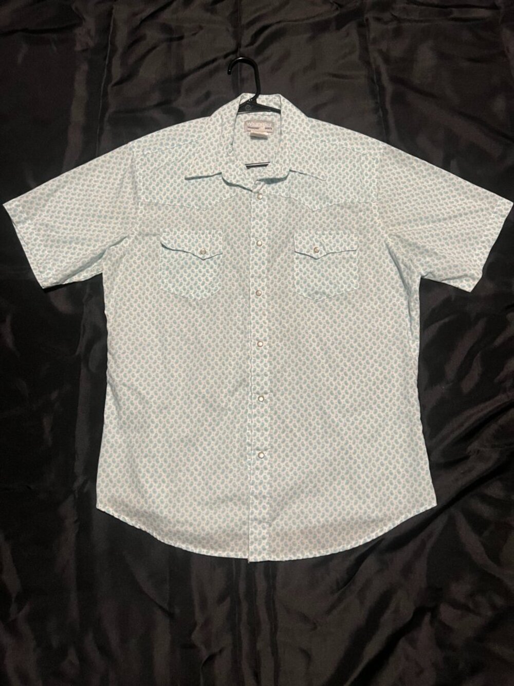 Wrangler Wrancher Men’s Western Shirt Large – Aqua Paisley Print Short Sleeve